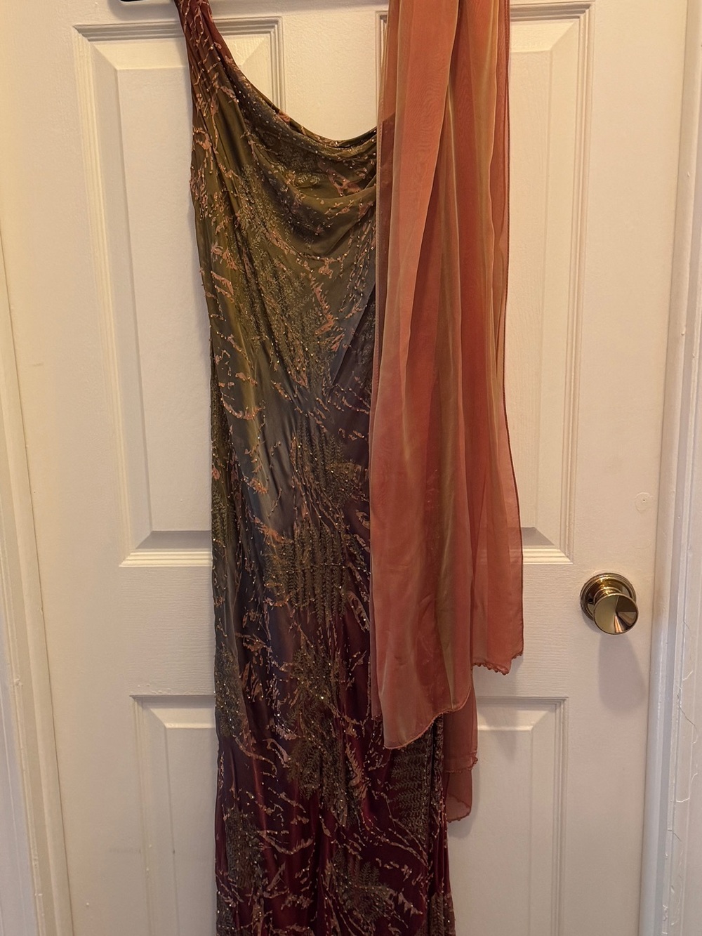 Olive One-Shoulder Maxi Dress with Rust Sheer Scarf